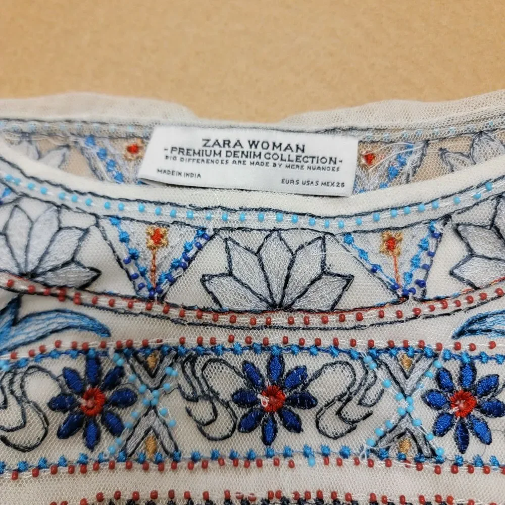 Zara Boho Hippie Women's Small Shirt White Blue Beaded Cropped Sheer Back Blouse